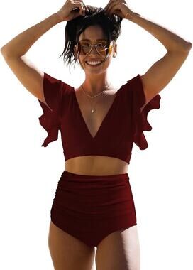 SPORLIKE Women Ruffle High Waist Swimsuit Two Pieces Push Up - M